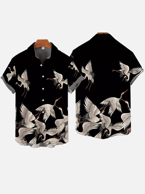 Oriental Style Black Cranes Fly Printing Short Sleeve Shirt
