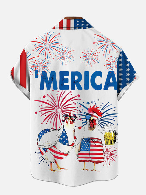 Fireworks American Flag Beer Chicken Couple Printing Short Sleeve Shirt