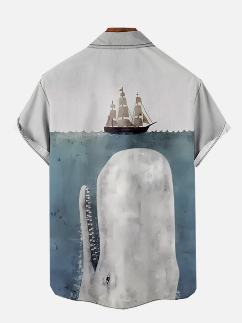 Ship Giant Whales In The Deep Sea Printing Short Sleeve Shirt