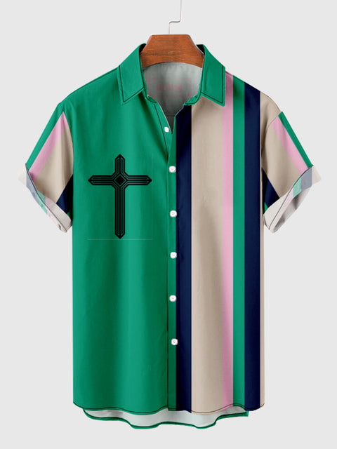 Easter Elements Christian Cross and Stripe Printing Men's Short Sleeve Shirt