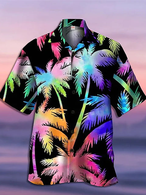 Eye-Catching Psychedelic Hippie Rainbow Palm Tree Printing Cuban Collar Hawaiian Short Sleeve Shirt