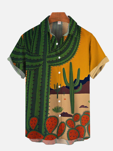 Tropical Style Colorful Desert Cactus Printing Short Sleeve Shirt