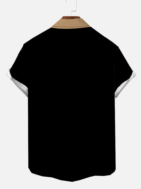 Retro Style Black And Khaki Stripes Stitching Bowling Cuban Collar Men's Short Sleeve Shirt