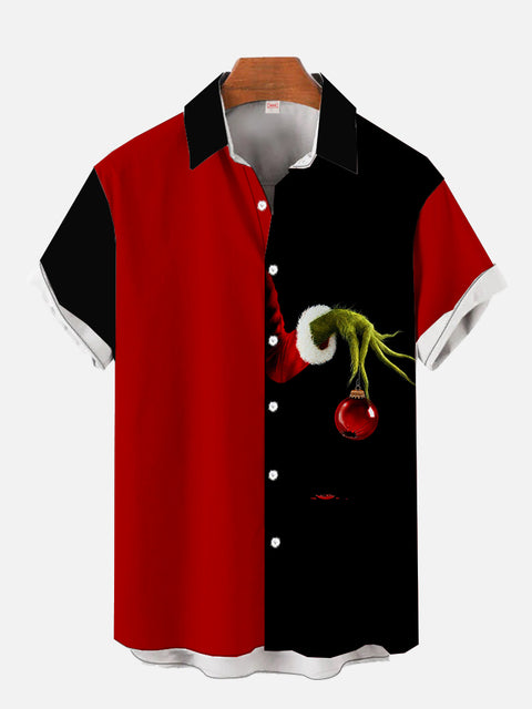 Halloween-Element Rotes und schwarzes nähendes Monster-Handdruck-Herren-Kurzarmhemd