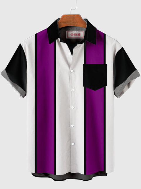 1960s Black & Purple & White Stripe Button Down Men's Short Sleeve Shirt
