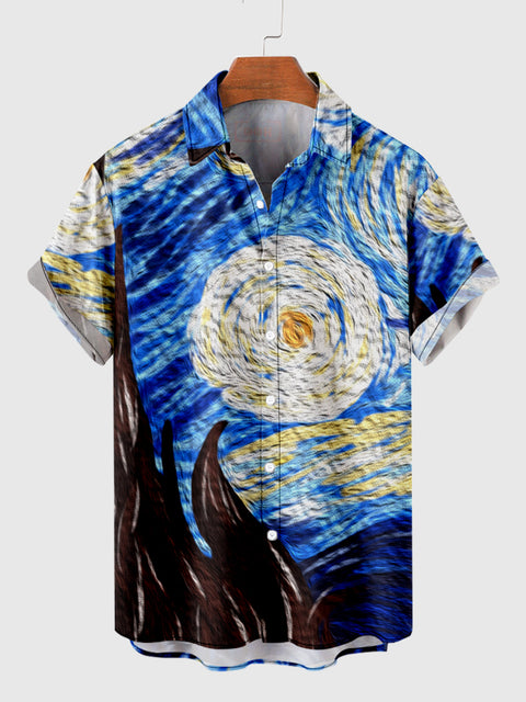 Abstract Starry Sky Vincent Oil Painting Printing Men's Short Sleeve Shirt