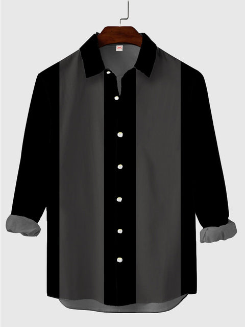 Vintage Contrast Color Black & DimGray Printing Men's Long Sleeve Shirt