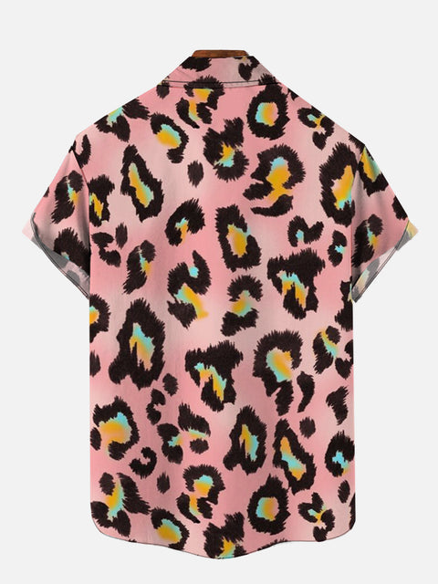 Domineering Pink Leopard Print Printing Breast Pocket Short Sleeve Shirt