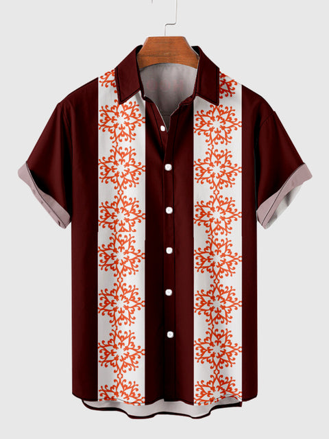 HOO 1960s Orange Paper Cut Painting Imprimé &amp; Red Stitching Men's Short Sleeve Shirt