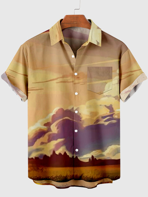 Coucher de soleil sur la chemise à manches courtes pour hommes avec impression de paysages unis