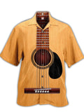 Eye-Catching Khaki Amazing Music Basic Guitar Print Cuban Collar Hawaiian Short Sleeve Shirt