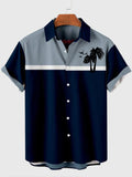 Grey And Blue Stitching Coconut Tree Printing Men's Short Sleeve Shirt
