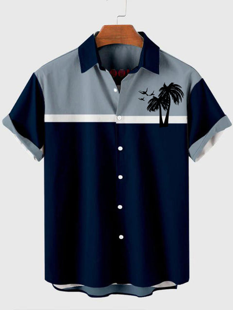 Graues und blaues Herren-Kurzarmhemd mit Kokosnussbaumdruck