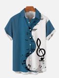 Blue And White Splice Wave-Shape Musical Note Printing Short Sleeve Shirt