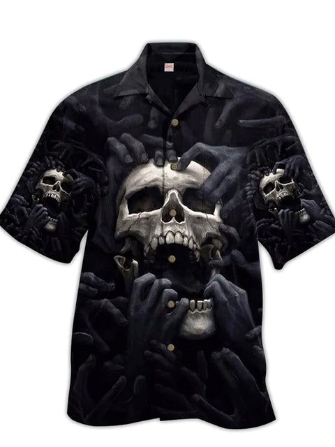 Eye-Catching Skull And Darkness Printing Cuban Collar Carnival Hawaiian Short Sleeve Shirt