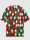 Christmas Elements Christmas Red And Green Diamond Lattice Printing Cuban Collar Men's Short Sleeve Shirt