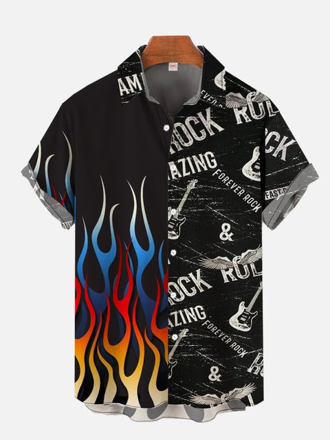 Rockabilly Style Rock And Roll Graffiti Fire Flame Pattern Stitching Printing Short Sleeve Shirt