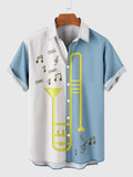 Music Elements Blue & White Stitching Trombone Printing Men's Short Sleeve Shirt