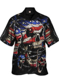 Eye-Catching American Flag Skull And Chains Printing 4th of July Cuban Collar Carnival Hawaiian Short Sleeve Shirt
