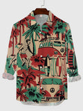 Men's Retro Leisure Vacation Style Coconut Tree Car Printing Men's Long Sleeve Shirt