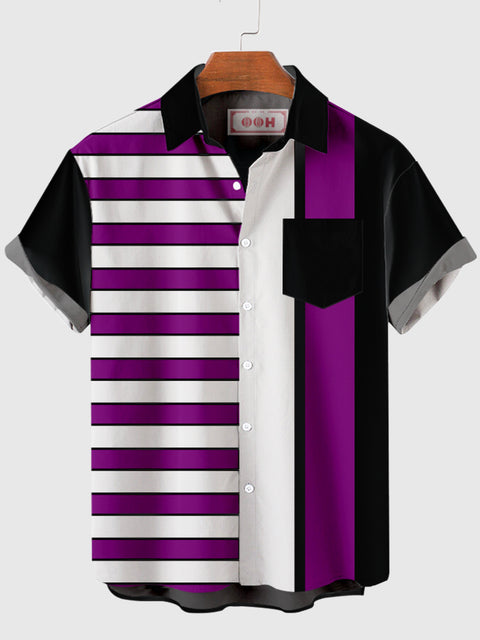 Chemise à manches courtes pour homme à rayures violettes et blanches des années 1960