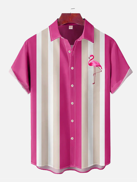 Pink White Stripes Contrasting Color And Flamingo Printing Funny Summer Hawaiian Short Sleeve Shirt