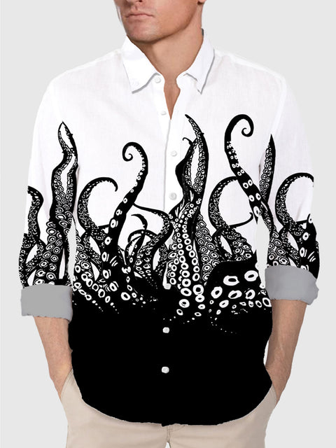 Monster Theme White And Black Stitching Giant Octopus Printing Men's Long Sleeve Shirt