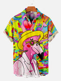Psychedelic Hippie Vacation Rock Flamingo Printing Hawaiian Short Sleeve Shirt