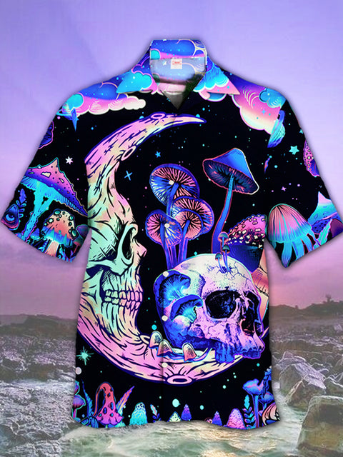 Eye-Catching Psychedelic Hippie Moon Skull And Mutated Mushroom Printing Cuban Collar Hawaiian Short Sleeve Shirt