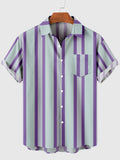 Vertical Stripe 	MediumPurple and LightBLue Stitching Button Down Men's Short Sleeve Shirt