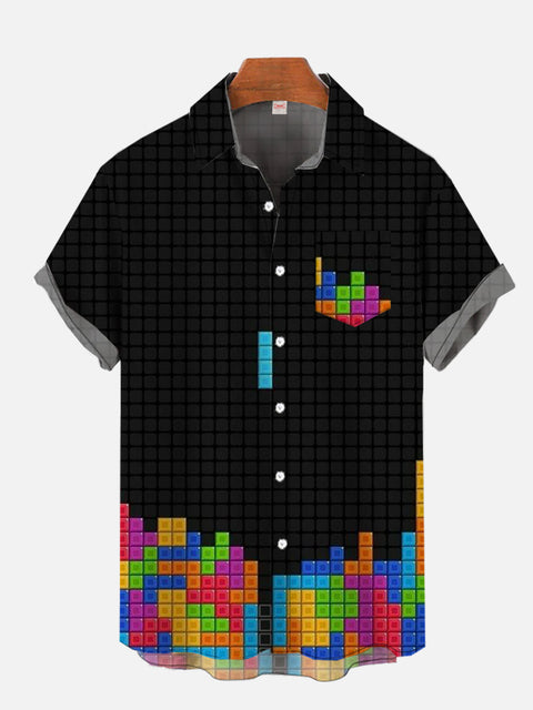 Funny Tetris Falls Rainbow Printing Hawaiian Short Sleeve Shirt