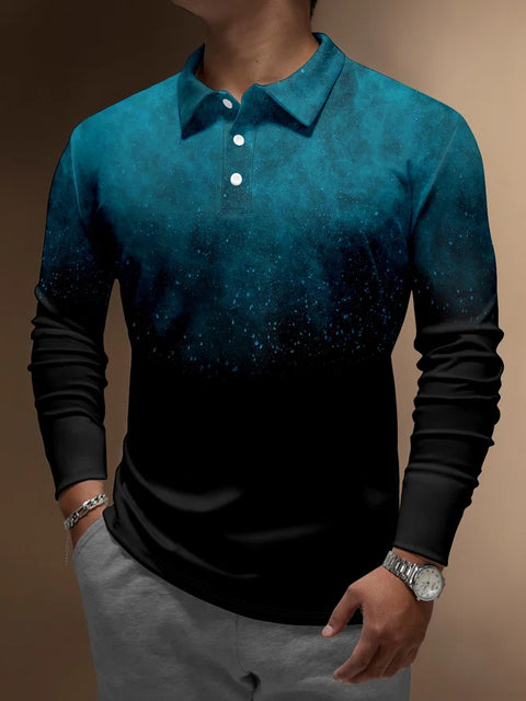 Gradient Abstract Starry Button Men‘s Long Sleeve Polo