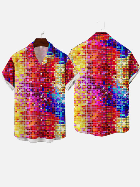 70's Disco Ball Metallic Glitter Mosaic Printed Cuban Collar Men's Short Sleeve Shirt