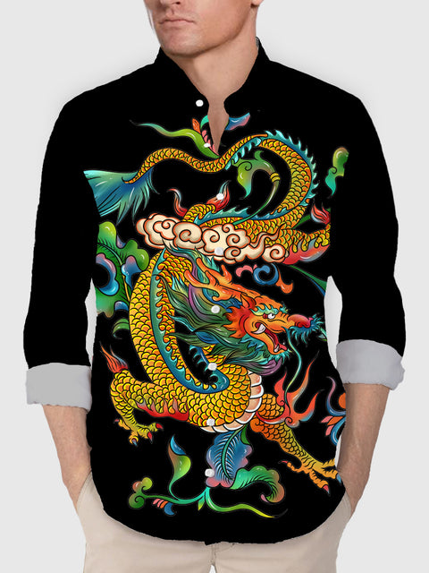 Chemise à manches longues pour hommes avec impression de dragon chinois et de phénix