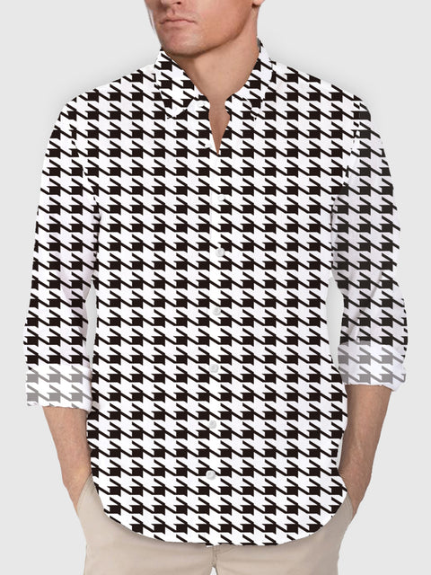 Langärmliges Herrenhemd mit Volldruck in Schwarz und Weiß mit Hahnentrittmuster