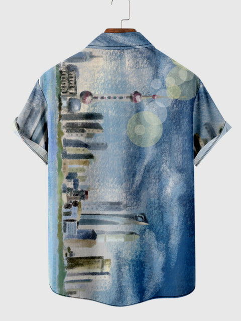 Oriental Pearl Tower Printing Men's Short Sleeve Shirt
