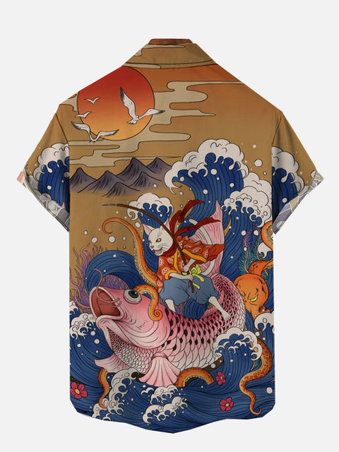 Ukiyo-e Sun Cat Carp And Sea Monster Printing Lucky Hawaiian Short Sleeve Shirt