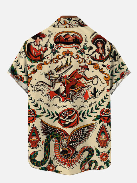 Western Cowboy Love Bunny Rider And Beasts Totem Tattoo Designs Printing Short Sleeve Shirt