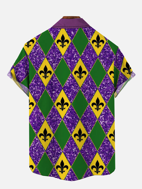 Mardi Gras Carnival Green Yellow Purple Diamond Dress Up Tuxedo Printing Short Sleeve Shirt