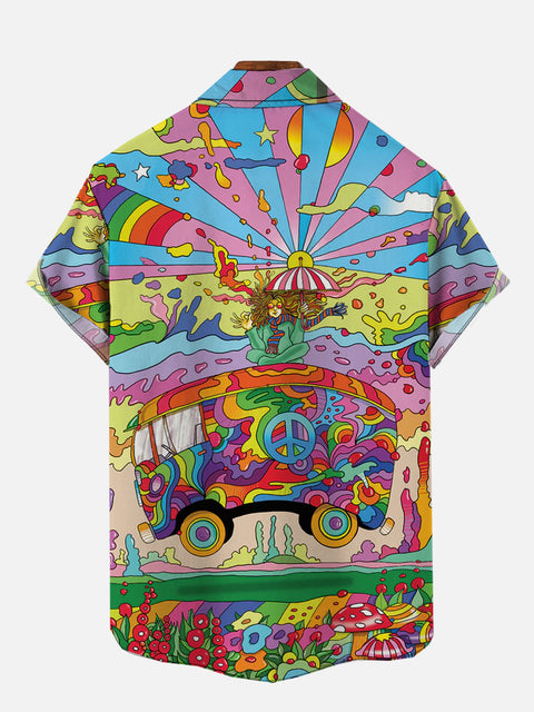 Psychedelic Colorful Magic Bus Hippie Lover Printing Hawaiian Short Sleeve Shirt