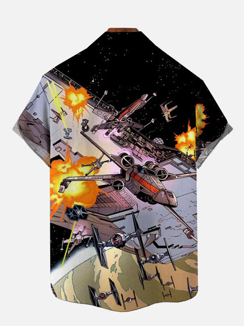 Mysterious Outer Space Starship And Army Printing Short Sleeve Shirt