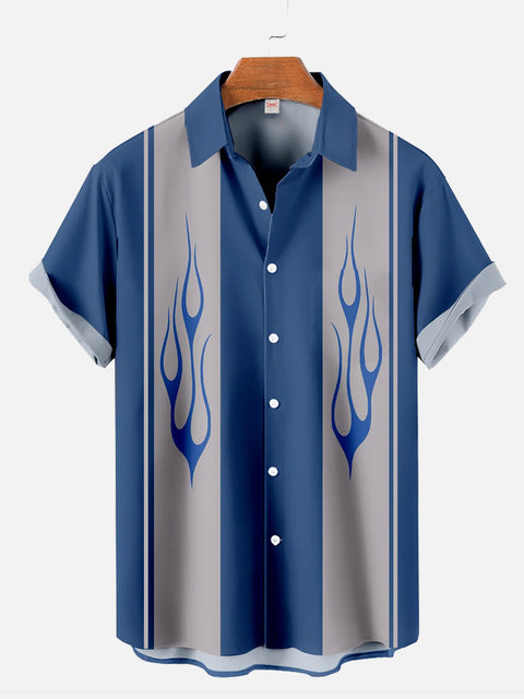 Retro Blue Contrast Color Stripes & Vogue Flames Patterns Printing Short Sleeve Shirt