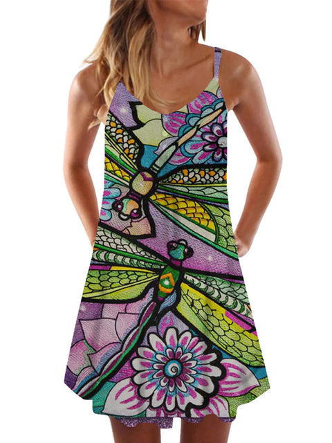 Vintage Art Color Mosaic Ethnic Style Dragonfly And Flower Printing Sleeveless Camisole Dress