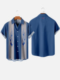 Retro Blue Contrast Color Stripes & Vogue Flames Patterns Printing Short Sleeve Shirt
