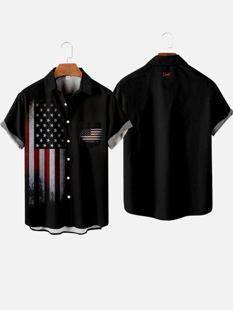 Black And Flag Matching Printing Flag 4th of July Breast Pocket Short Sleeve Shirt