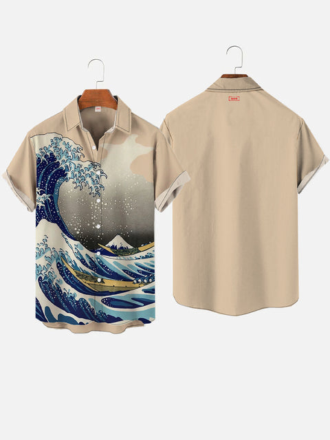 Men's Van Gogh The Great Wave Off Kanagawa Waves Print Casual Short Sleeve Shirt