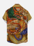 Creature Theme 50s Golden Chinese Dragon, Auspicious Clouds Stripes Printing Men's Short Sleeve Shirt