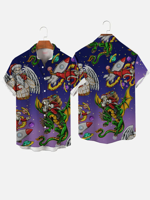 Summer Christmas Santa Claus and Dragon, Rocket, Angel Wings Printing Men's Short Sleeve Shirt