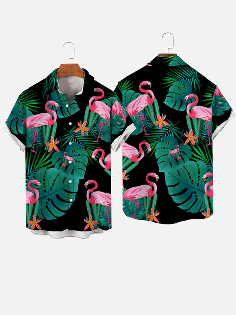 Full-Print Animalistic Design Handgemaltes Pink Flamingo Printing Herren Kurzarmhemd