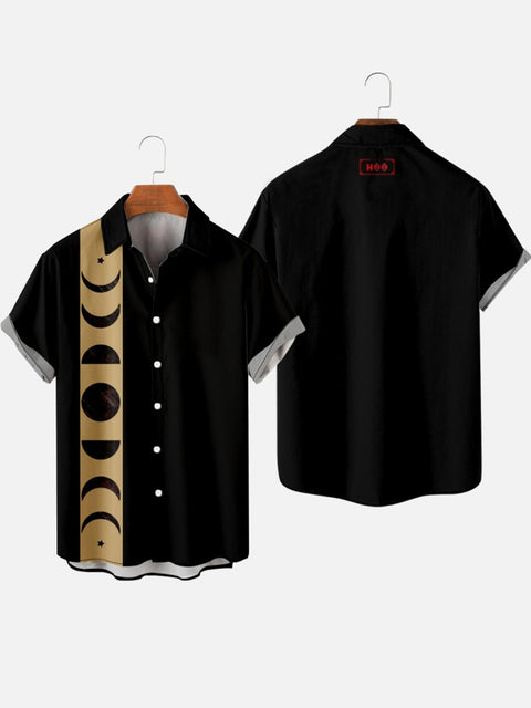 Chemise à manches courtes Vintage Black &amp; Khaki Stitching Lunar Eclipse Printing Men